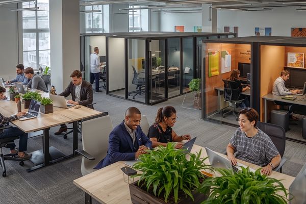 Không gian văn phòng mở hiện đại, tối ưu ánh sáng tự nhiên và tăng hiệu suất làm việc.