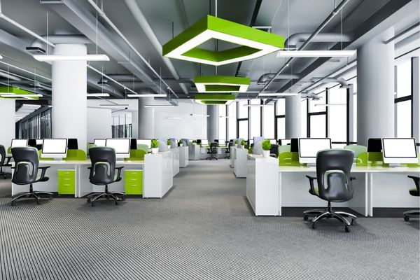 Mẫu văn phòng mở tối giản, sử dụng nội thất thông minh cho không gian nhỏ.