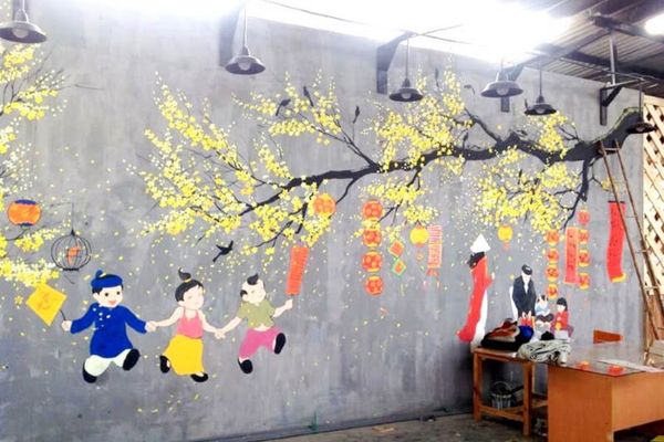 Vẽ tranh tường trang trí Tết văn phòng